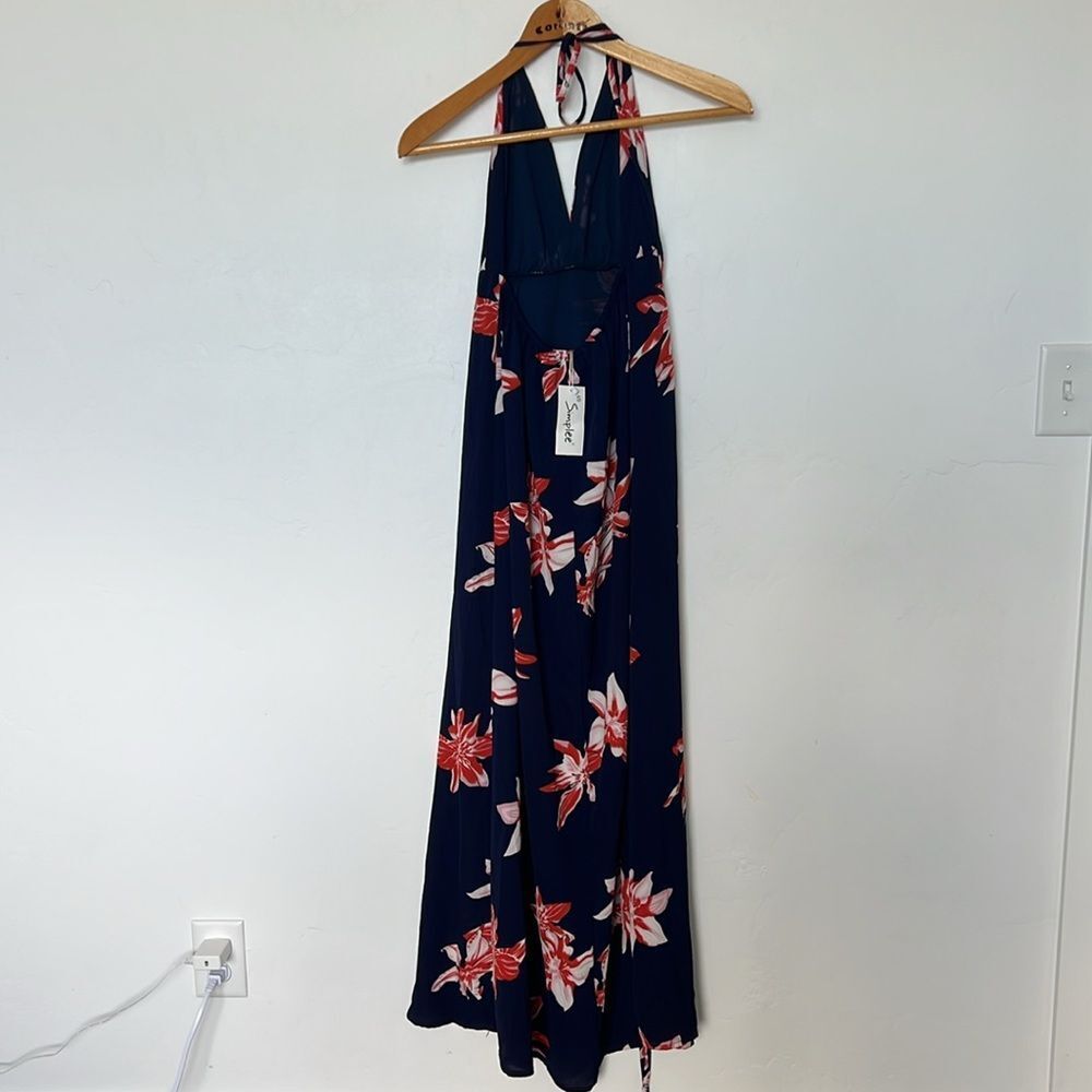 Simplee Halter Maxi Dress Navy Blue Floral NWT Size Small - Picture 3 of 4